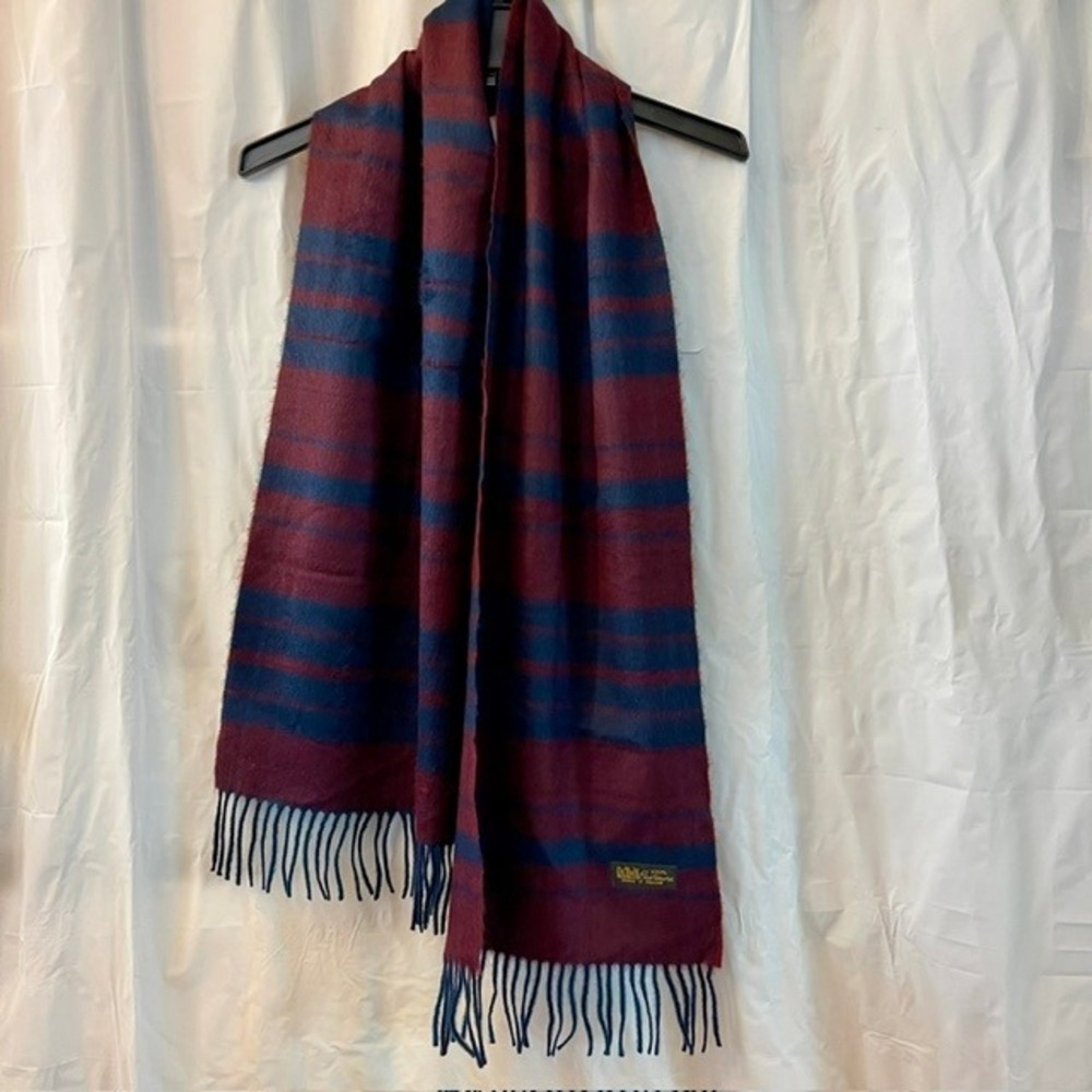 NWOT 100% Cashmere Scarf England Burgundy Navy Blue Striped Tassel Luxury Scarf
